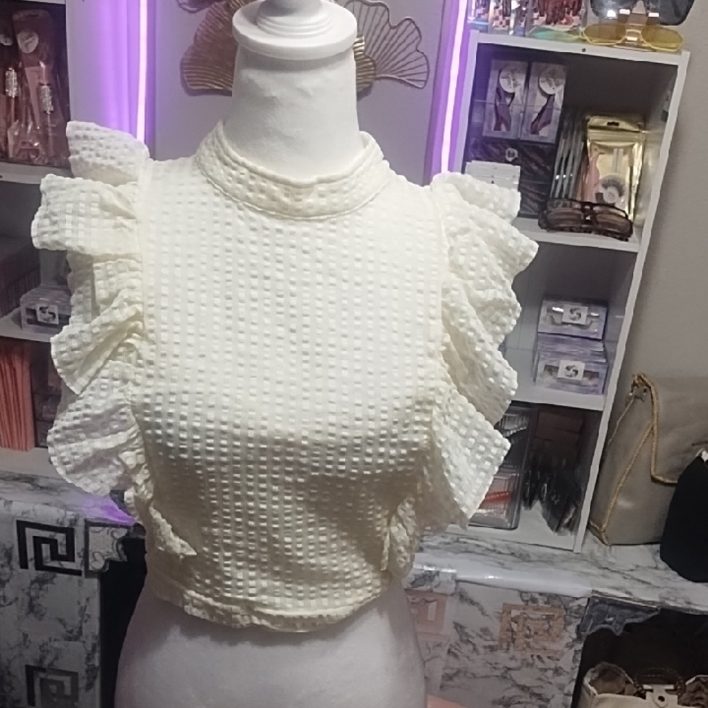 Maeve Ivory Textured Ruffle Crop Top